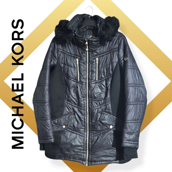 Quiet Luxury Puffer Coat Michael Kors Black Faux Fur Hooded Winter Jacket Women - Picture 1 of 17
